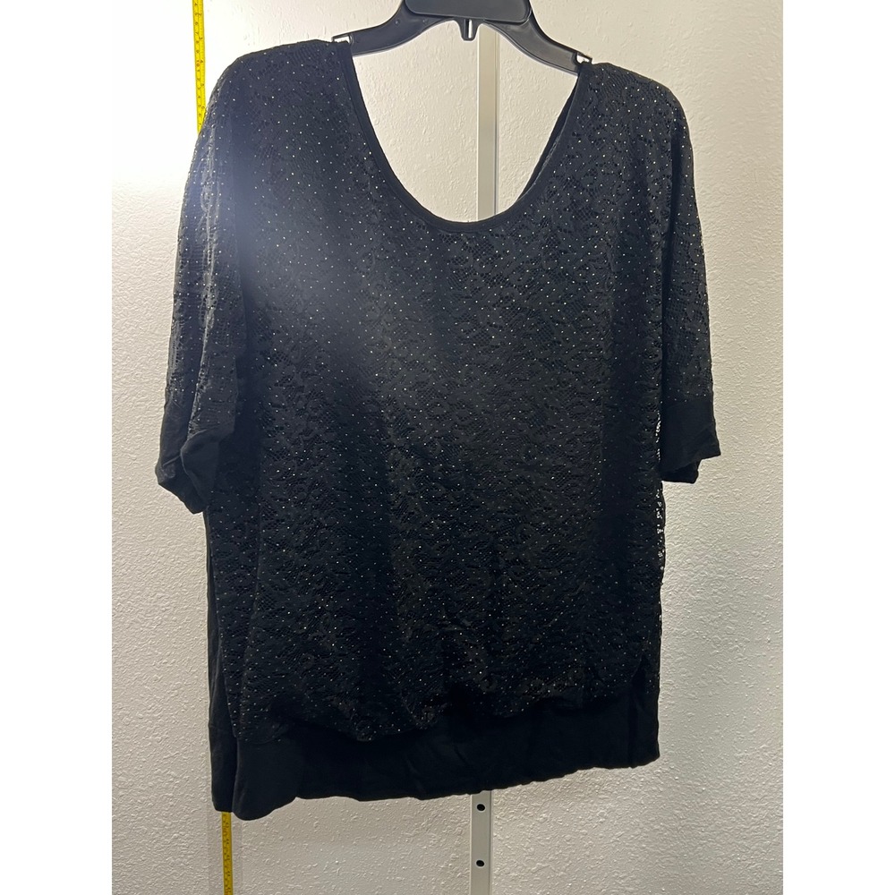 Minimi USA Black Lace Glitter Overlay Blouse Scoop Neck Short‎ Sleeve Top Medium